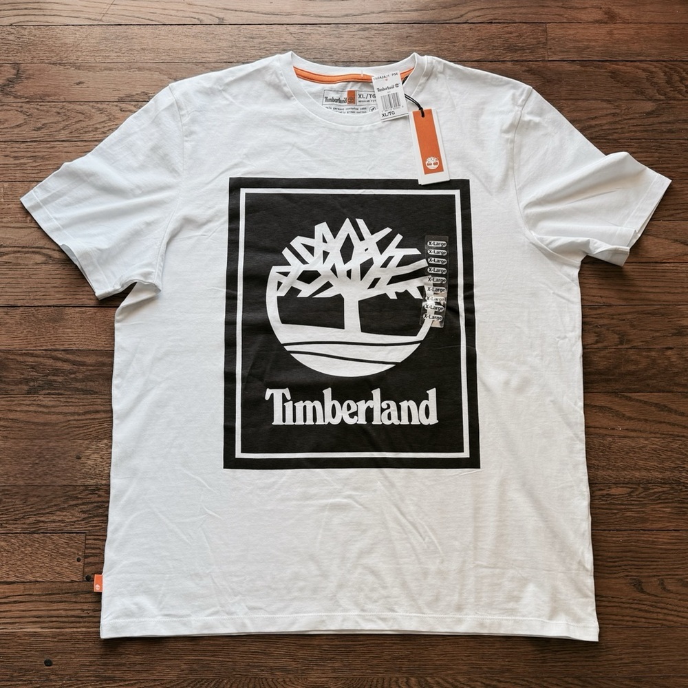 Timberland Men’s XL Logo T-Shirt – White & Black Organic Cotton Tee NWT